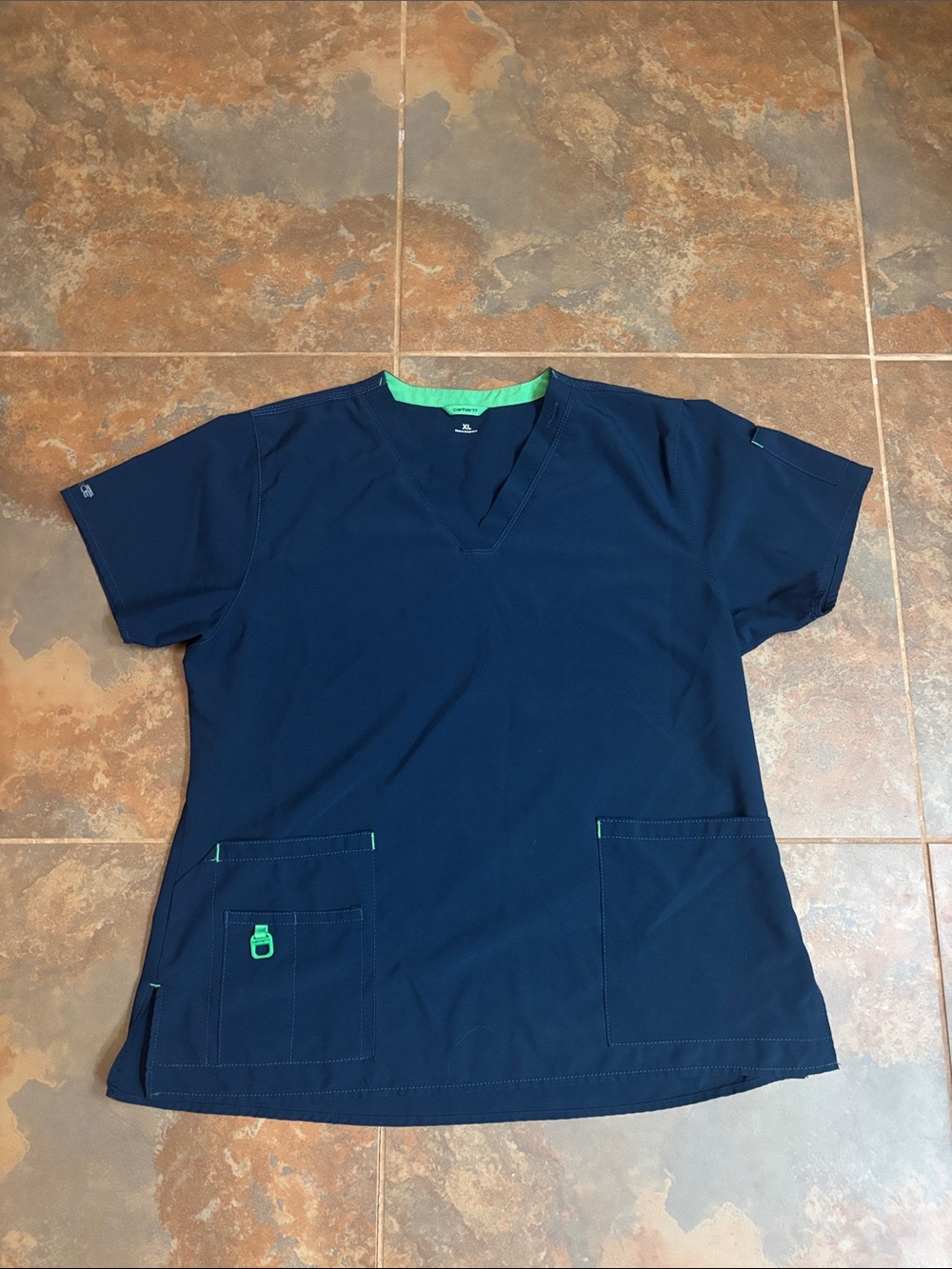 Carhartt Women's Navy Short Sleeve Scrub Top with Green Trim
